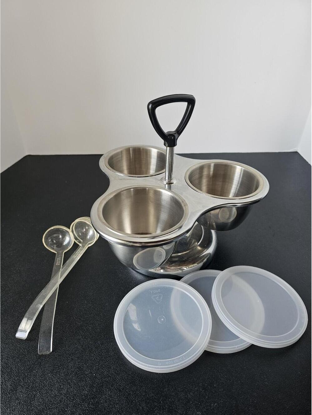 Mid -Century Modern Stainless Steel 3-bowl Condiment Server Caddy with Spoon